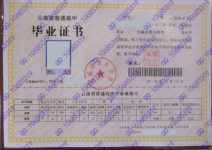 云南省宣威市第六中学2019年高中毕业证样本